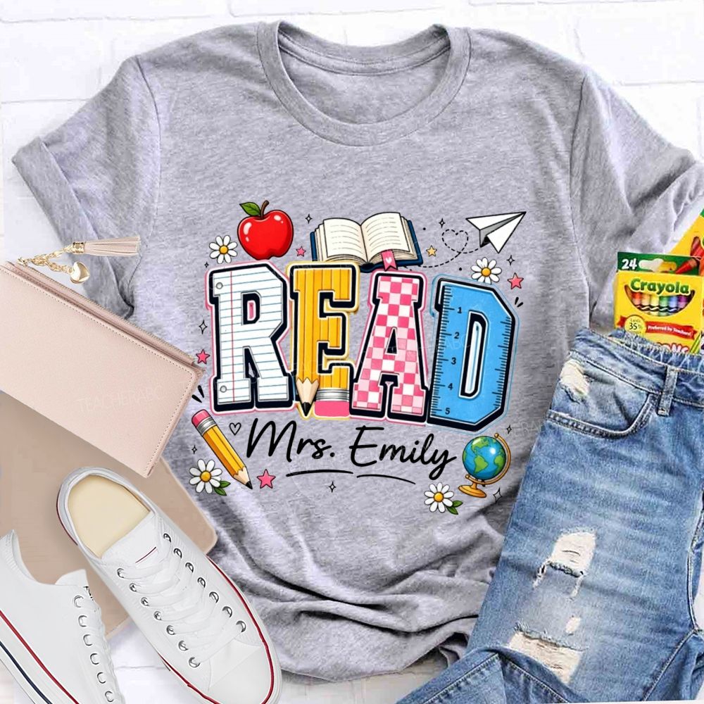 Personalized Name Read Letter Book Apple Teacher T-shirt