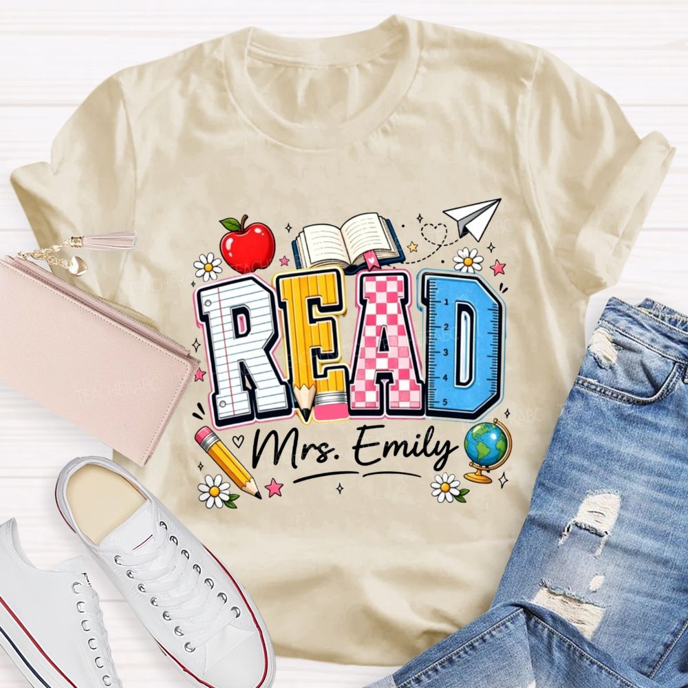 Personalized Name Read Letter Book Apple Teacher T-shirt