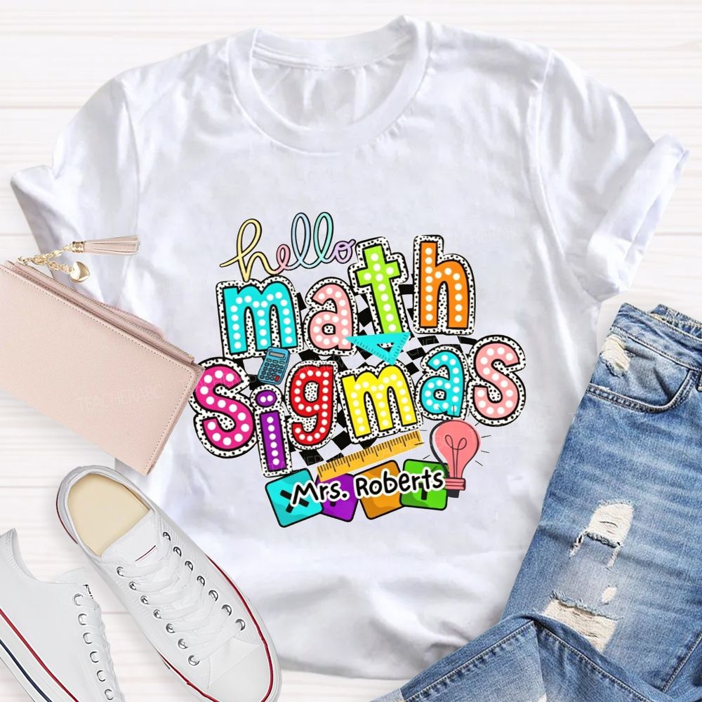 Personalized Name Hello Math Teacher Colorful Doodle Teacher T-shirt