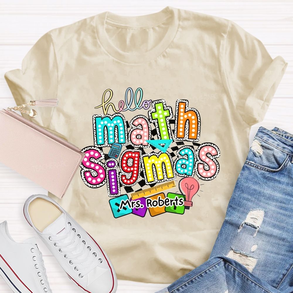 Personalized Name Hello Math Teacher Colorful Doodle Teacher T-shirt