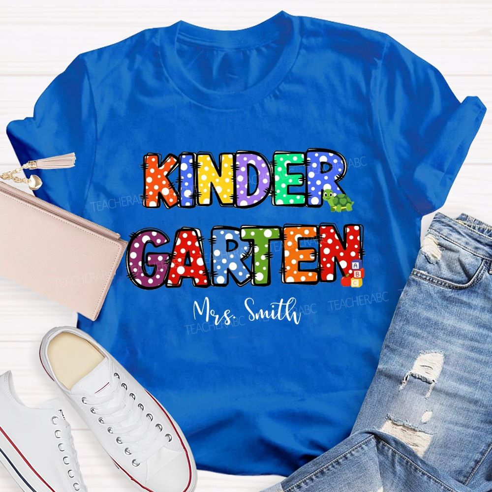 Personalized Name And Grade Rainbow Polka Dot Kindergarten Teacher T-shirt