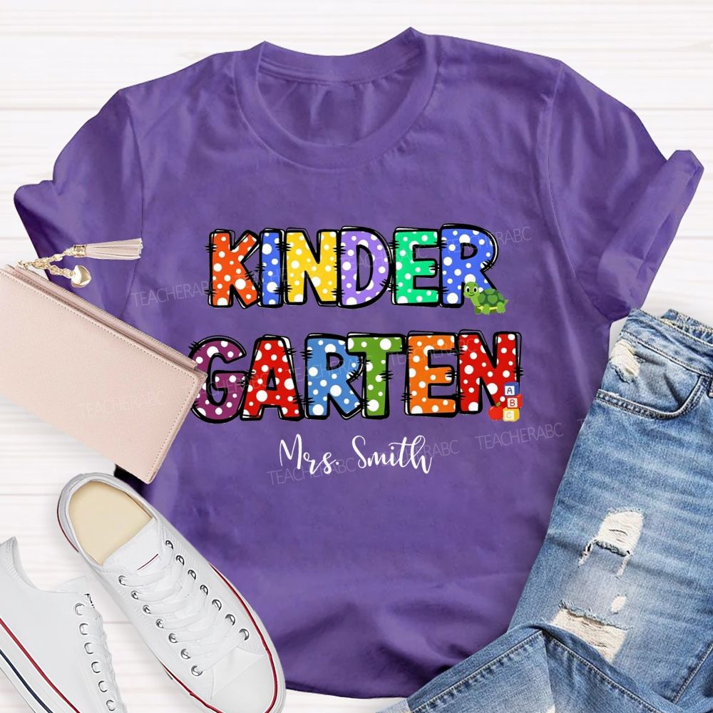 Personalized Name And Grade Rainbow Polka Dot Kindergarten Teacher T-shirt