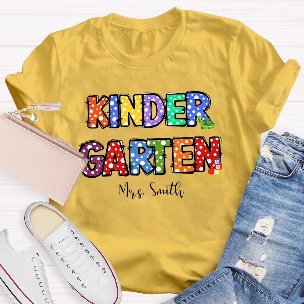 Personalized Name And Grade Rainbow Polka Dot Kindergarten Teacher T-shirt