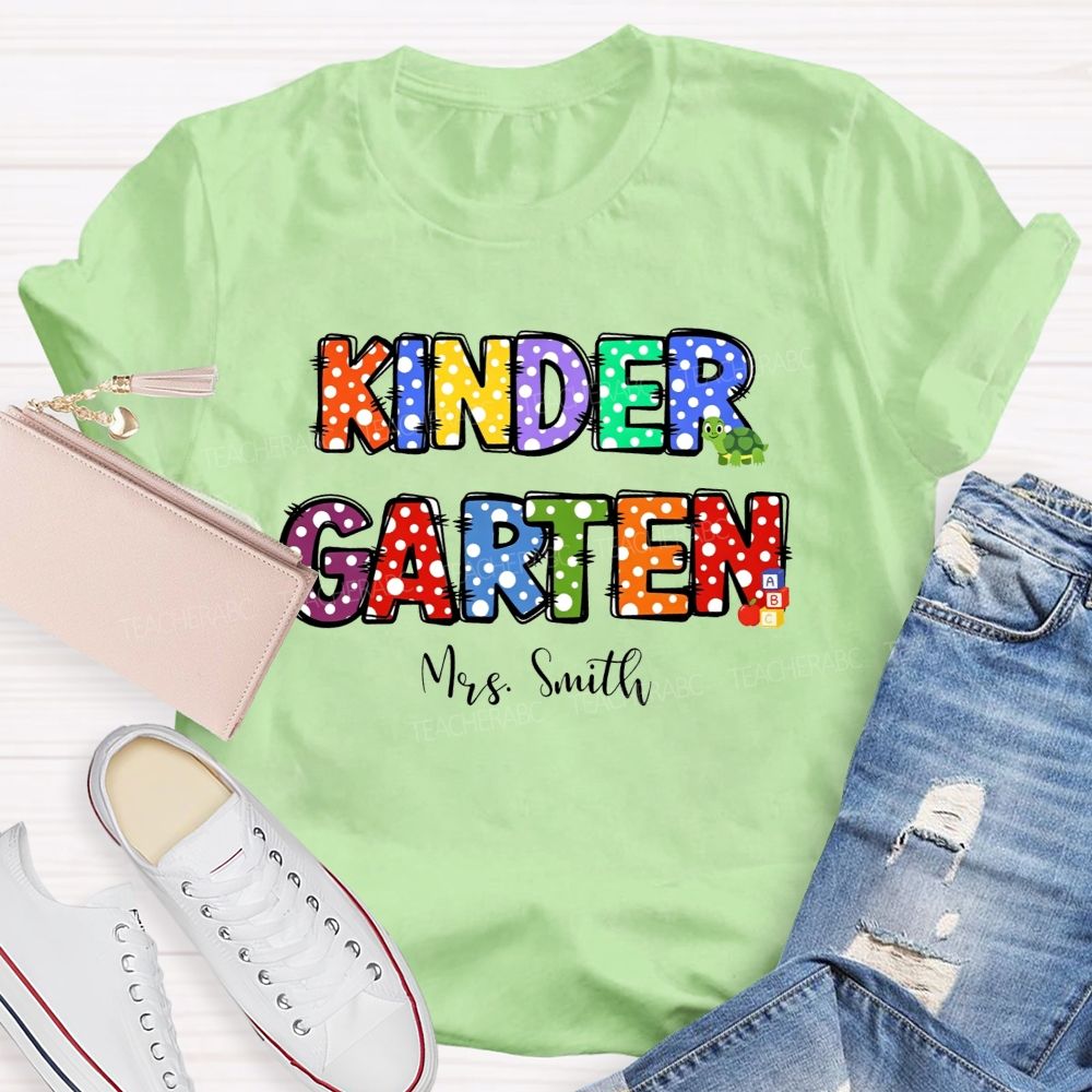 Personalized Name And Grade Rainbow Polka Dot Kindergarten Teacher T-shirt