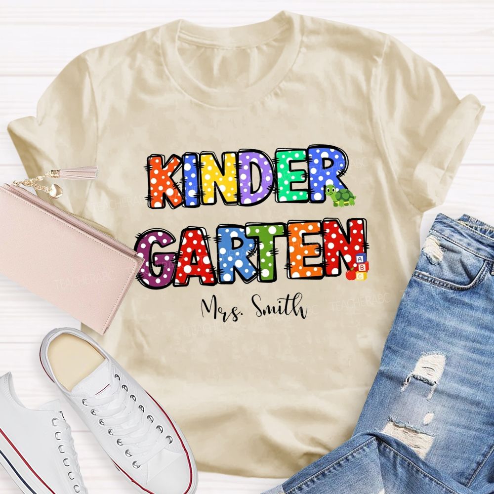 Personalized Name And Grade Rainbow Polka Dot Kindergarten Teacher T-shirt