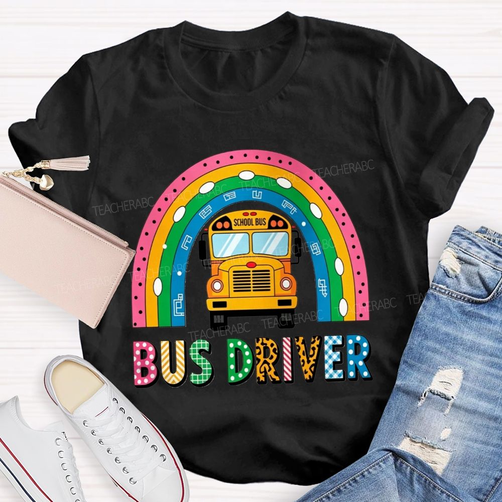 Leopard Plaid Mixed Texture Bus Driver Rainbow T-shirt