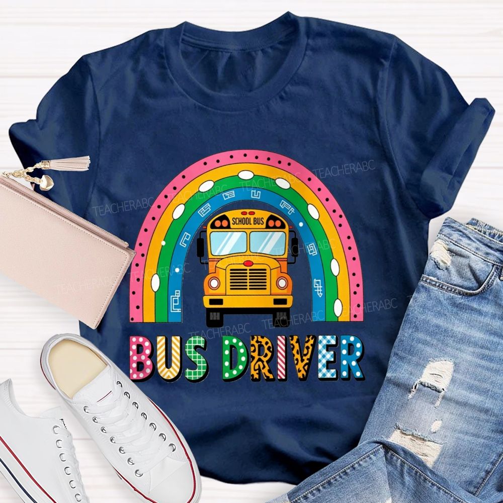 Leopard Plaid Mixed Texture Bus Driver Rainbow T-shirt