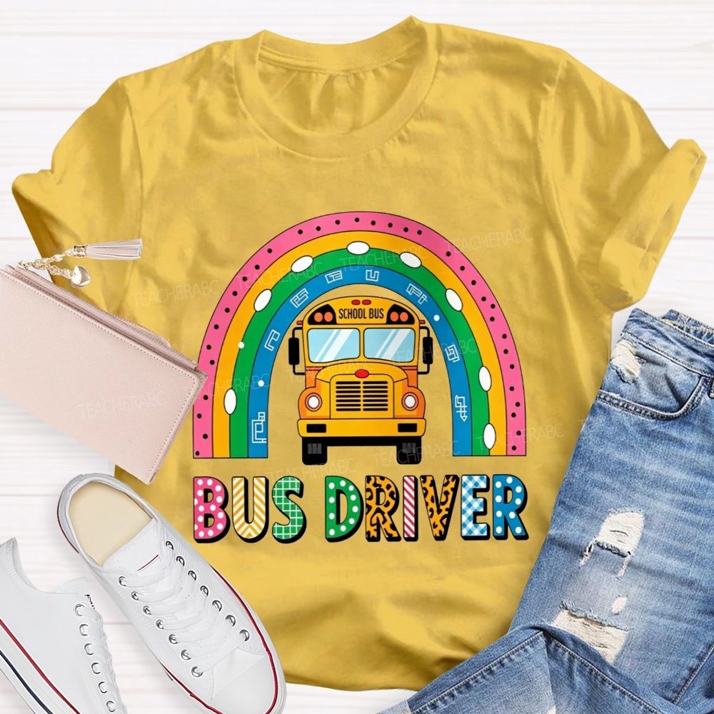 Leopard Plaid Mixed Texture Bus Driver Rainbow T-shirt