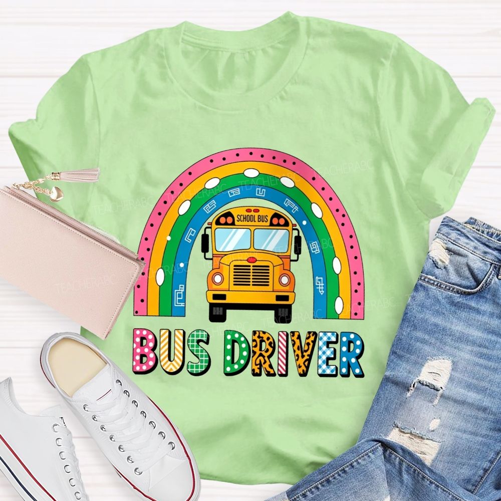 Leopard Plaid Mixed Texture Bus Driver Rainbow T-shirt