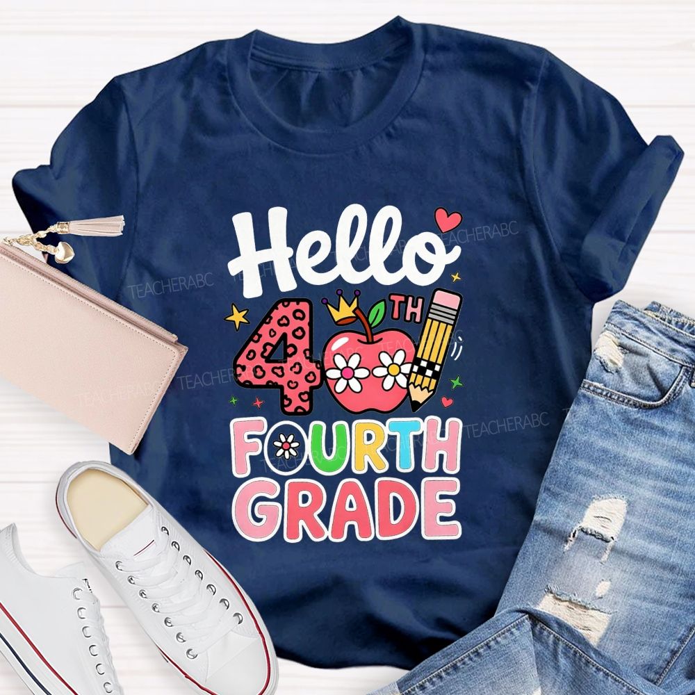 Personalized Grade Pink Cute Daisy Crown 4th Grade Teacher T-shirt