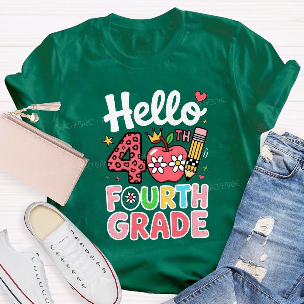Personalized Grade Pink Cute Daisy Crown 4th Grade Teacher T-shirt