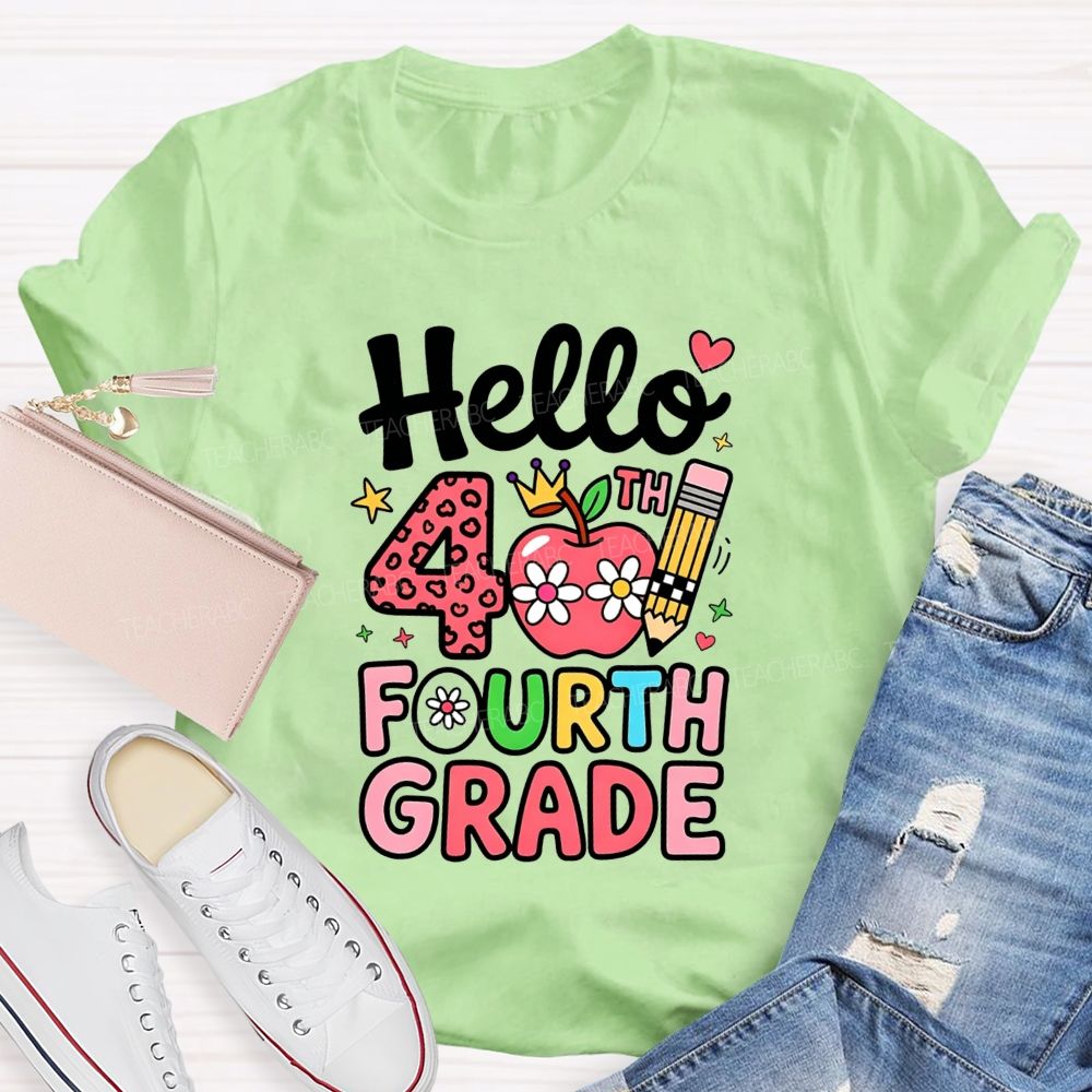 Personalized Grade Pink Cute Daisy Crown 4th Grade Teacher T-shirt