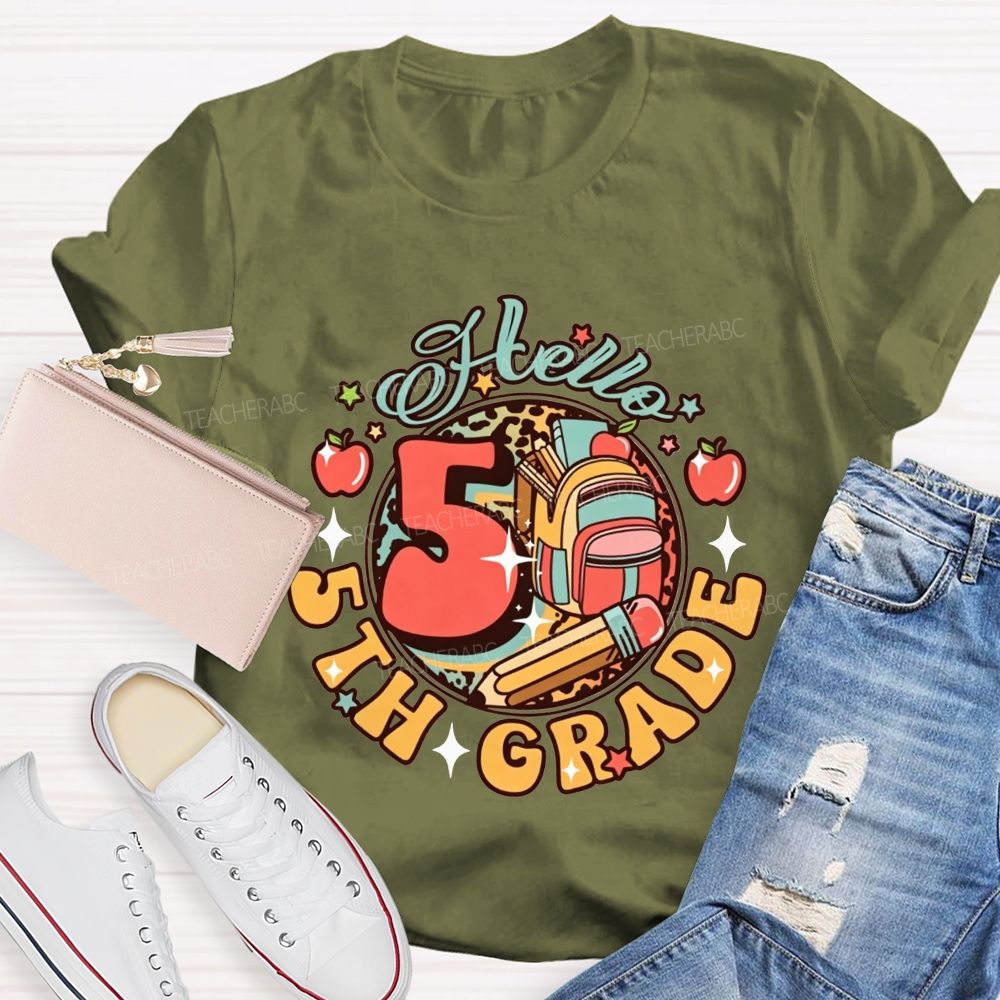 Personalized Grade Hello 5th Grade Leopard Backpack Teacher T-shirt