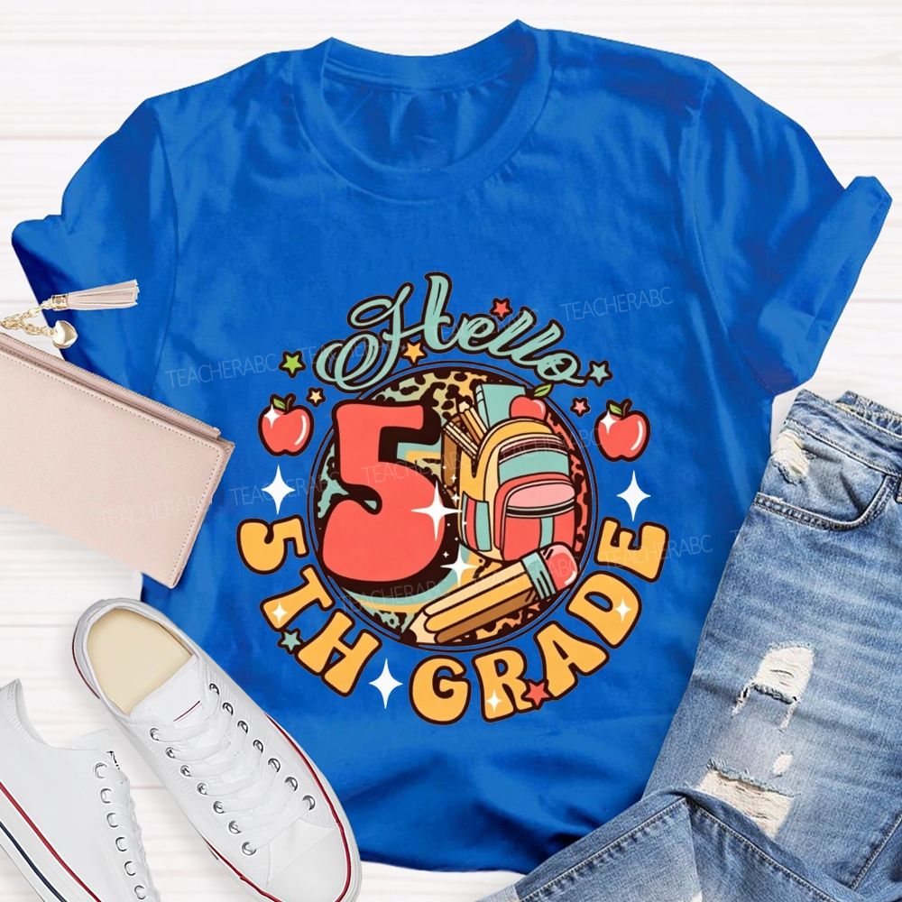 Personalized Grade Hello 5th Grade Leopard Backpack Teacher T-shirt