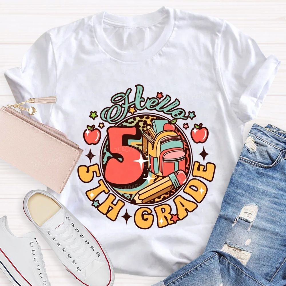 Personalized Grade Hello 5th Grade Leopard Backpack Teacher T-shirt