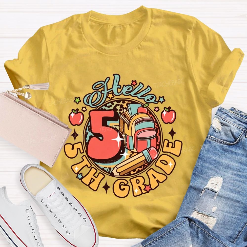 Personalized Grade Hello 5th Grade Leopard Backpack Teacher T-shirt
