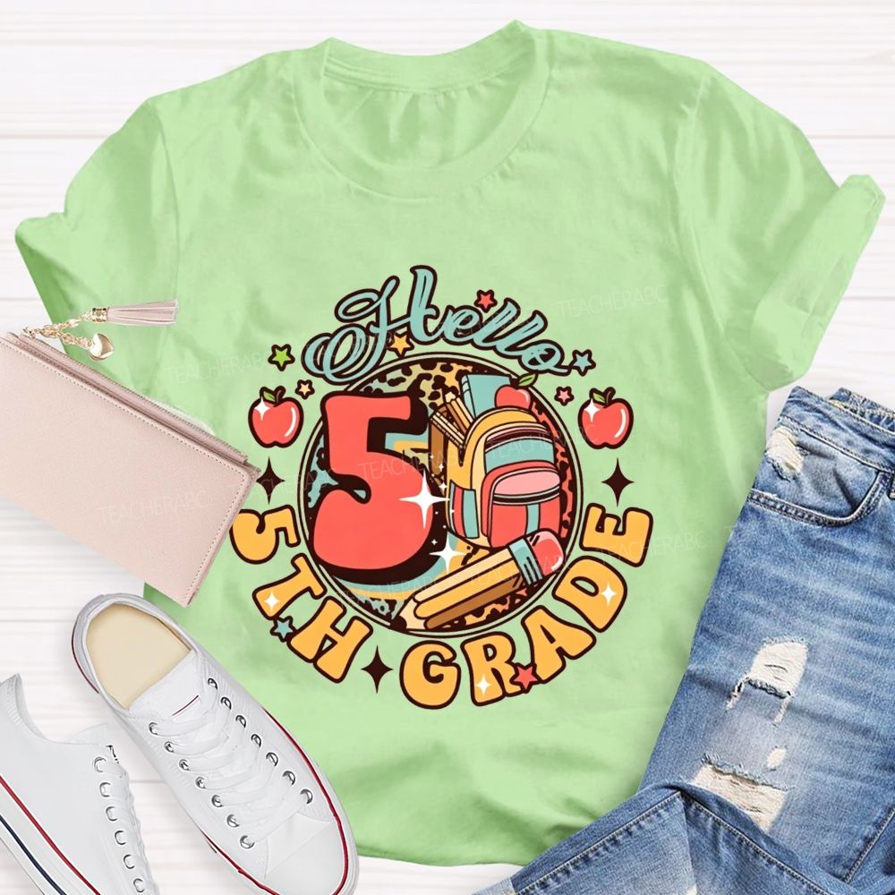 Personalized Grade Hello 5th Grade Leopard Backpack Teacher T-shirt