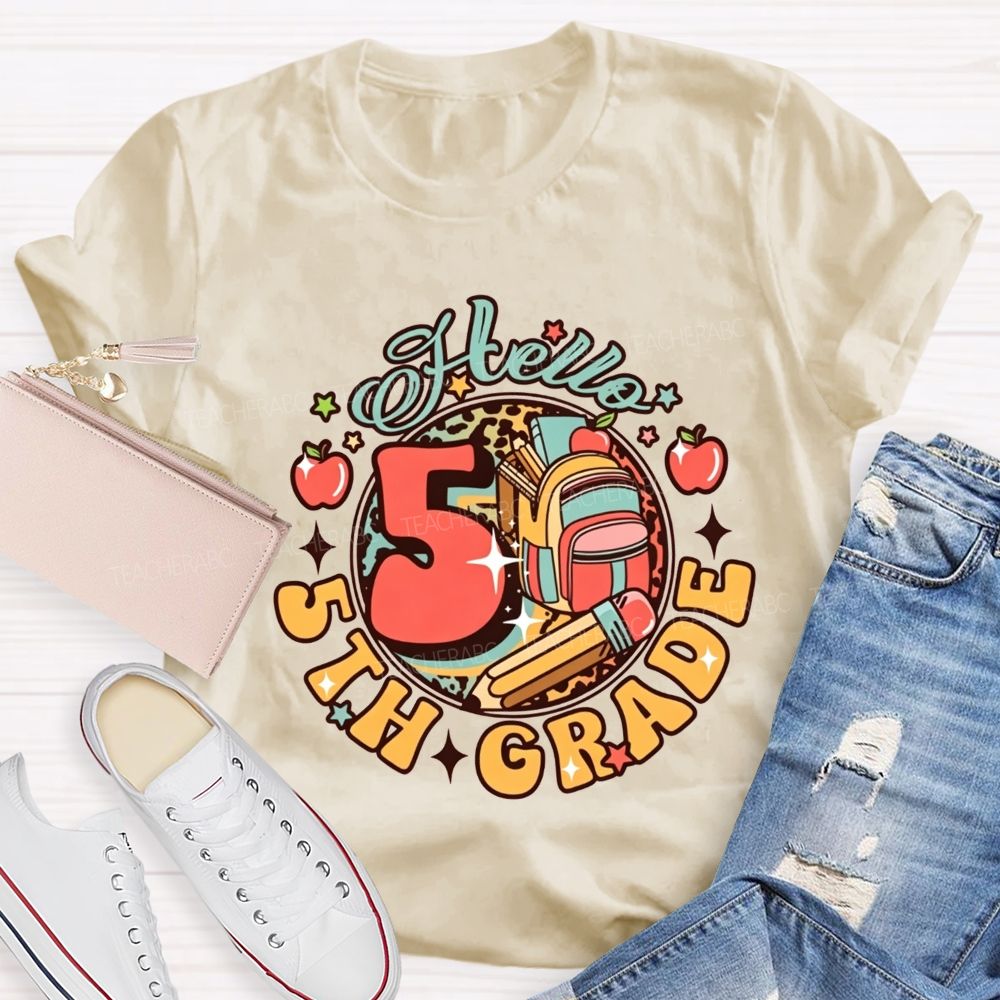 Personalized Grade Hello 5th Grade Leopard Backpack Teacher T-shirt