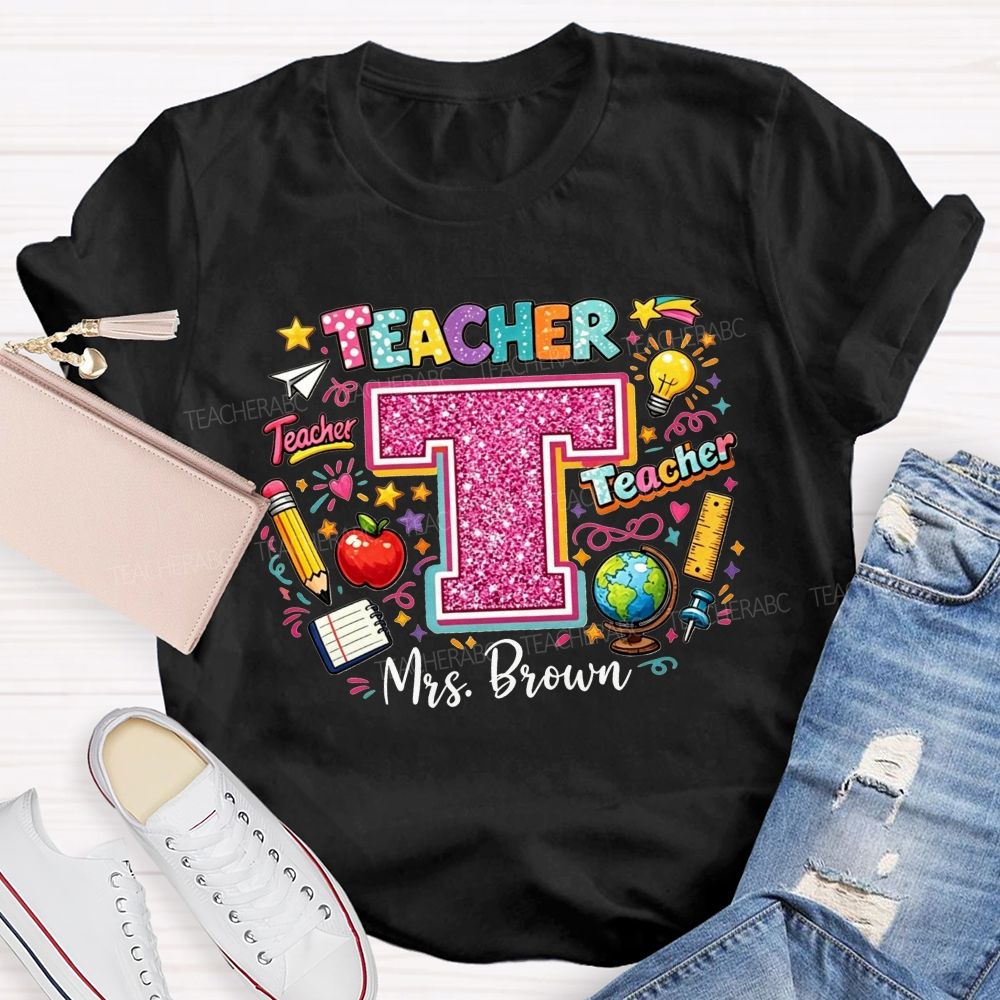 Personalized Name Teacher Pink Glitter Rainbow Graphic Teacher T-shirt