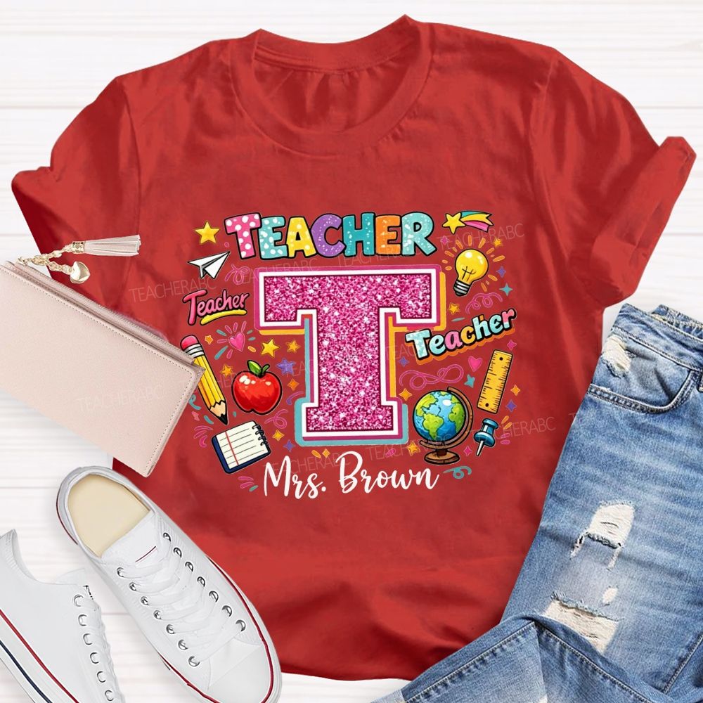 Personalized Name Teacher Pink Glitter Rainbow Graphic Teacher T-shirt
