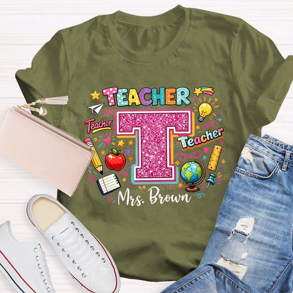 Personalized Name Teacher Pink Glitter Rainbow Graphic Teacher T-shirt