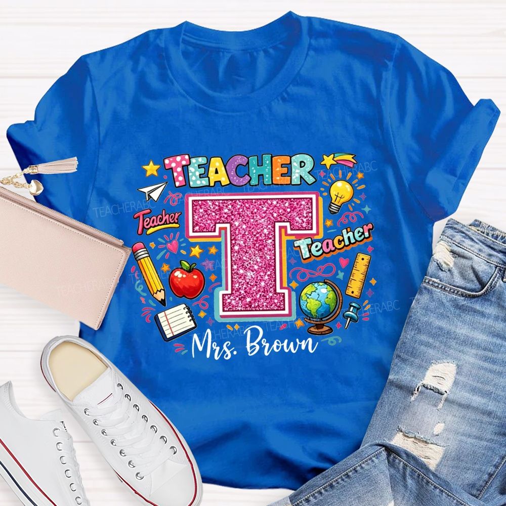 Personalized Name Teacher Pink Glitter Rainbow Graphic Teacher T-shirt