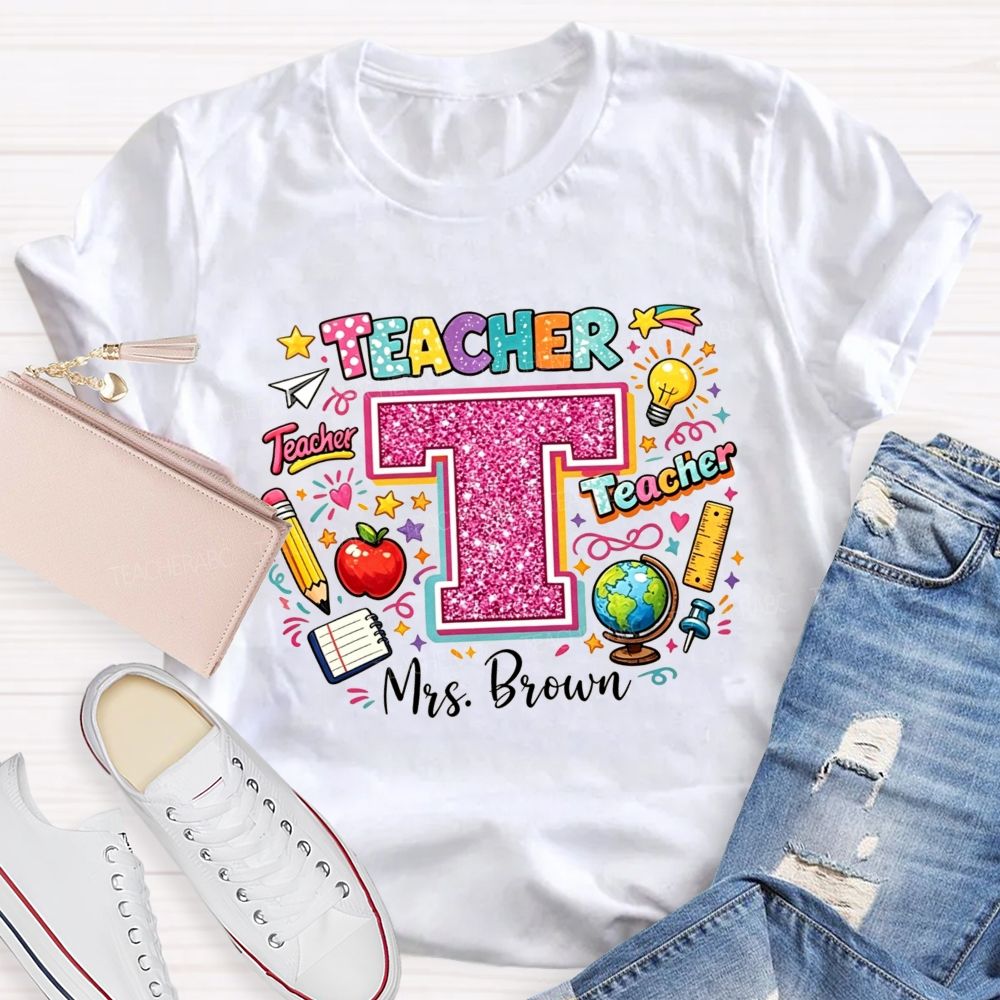Personalized Name Teacher Pink Glitter Rainbow Graphic Teacher T-shirt