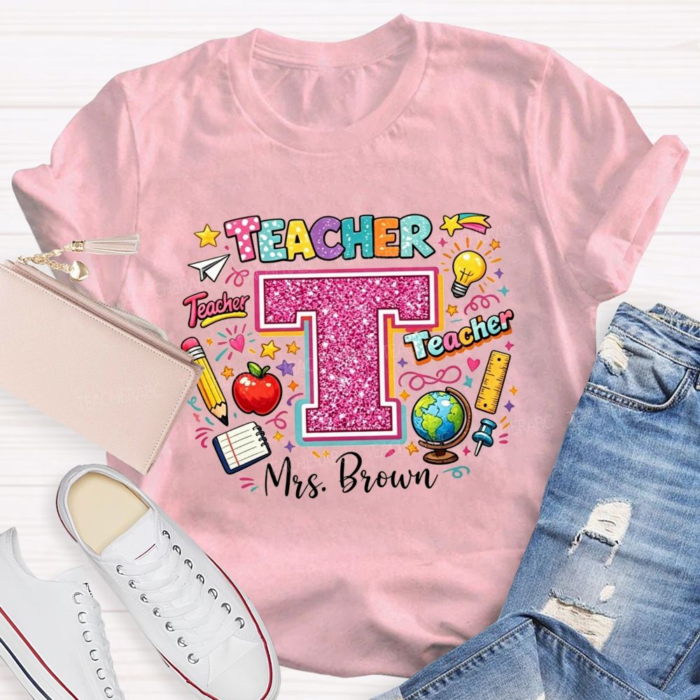 Personalized Name Teacher Pink Glitter Rainbow Graphic Teacher T-shirt