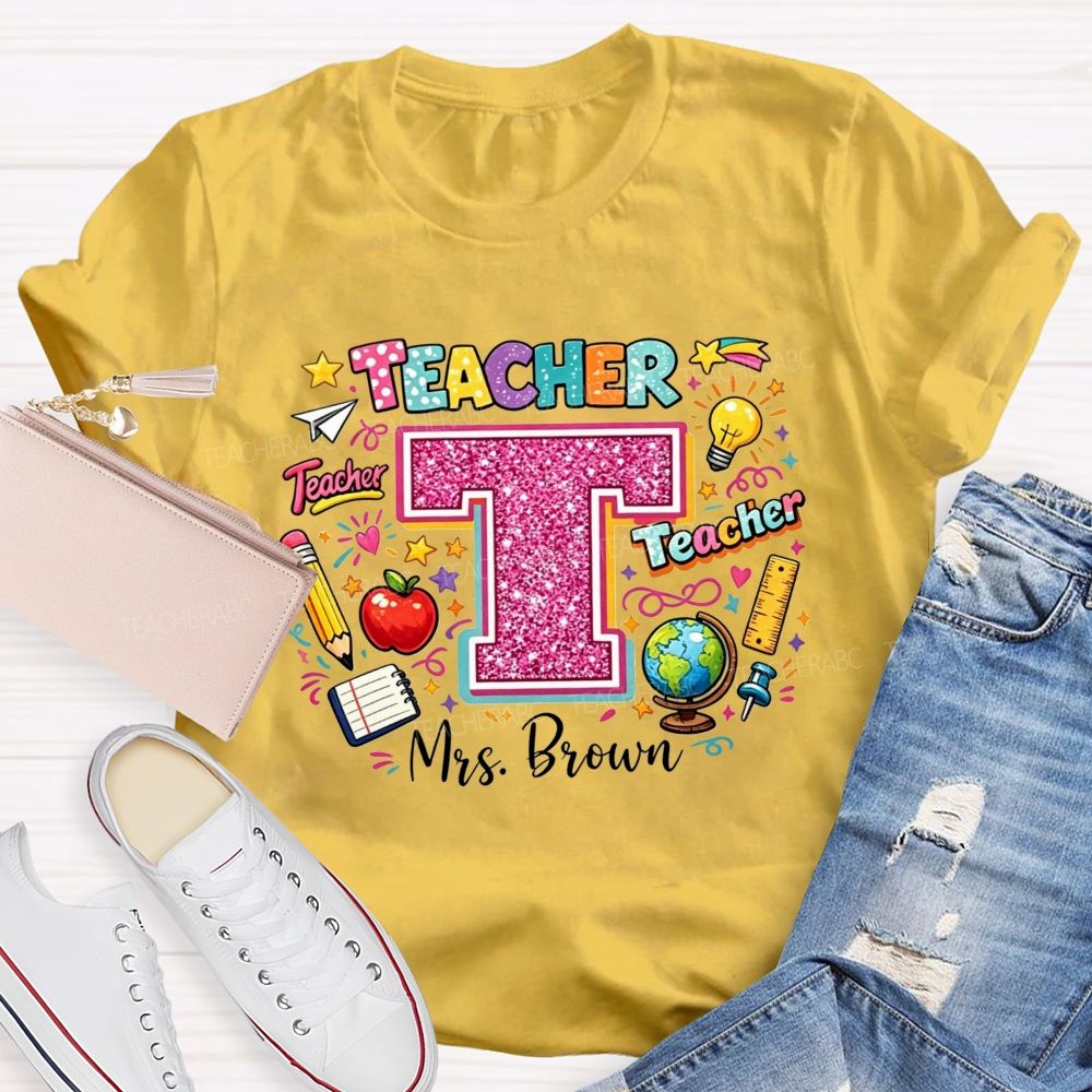 Personalized Name Teacher Pink Glitter Rainbow Graphic Teacher T-shirt