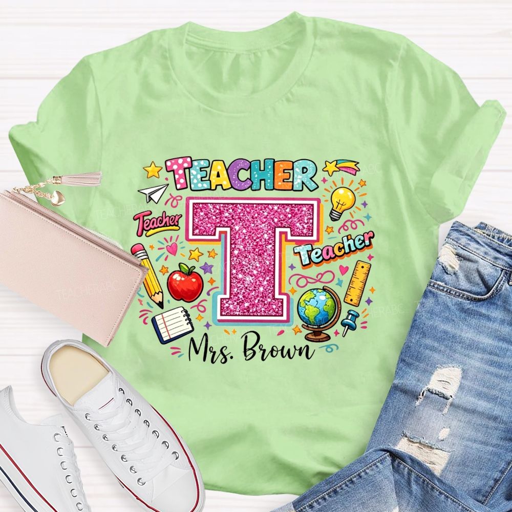 Personalized Name Teacher Pink Glitter Rainbow Graphic Teacher T-shirt