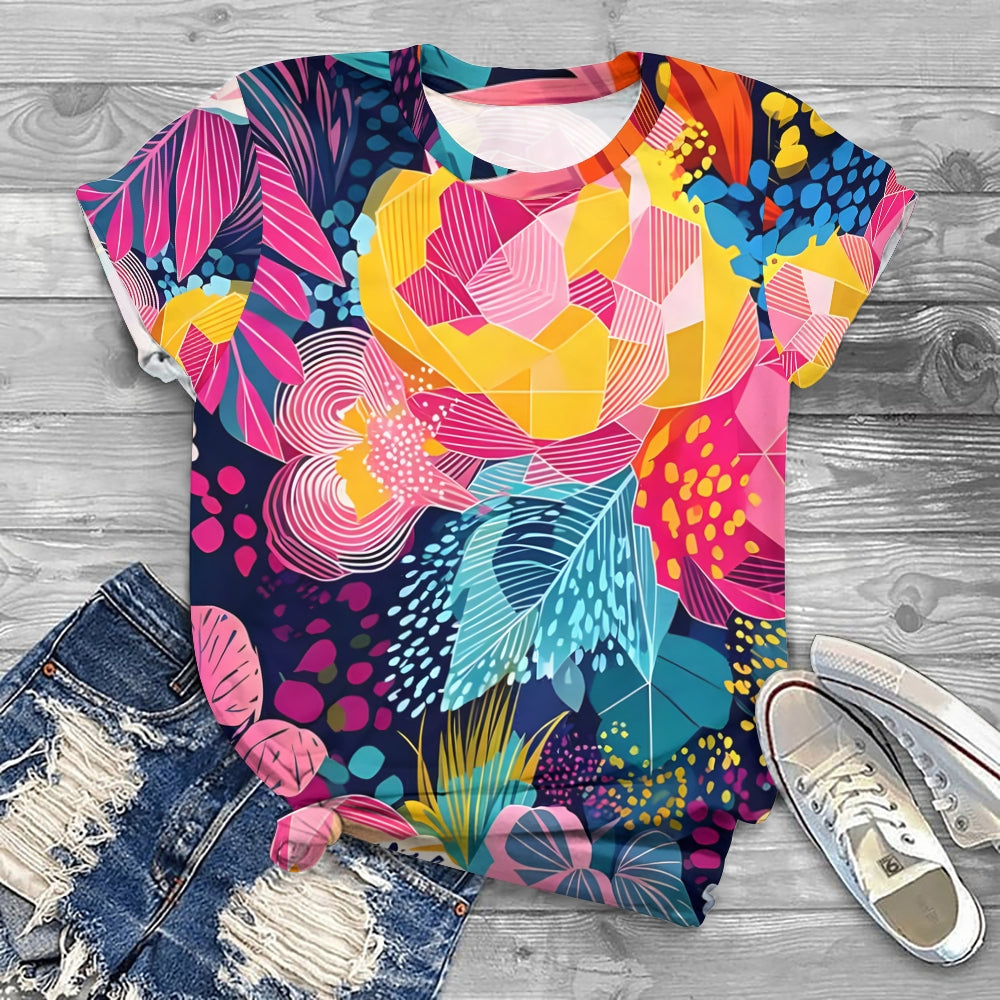 Abstract Floral And Geometric Printed T-shirt