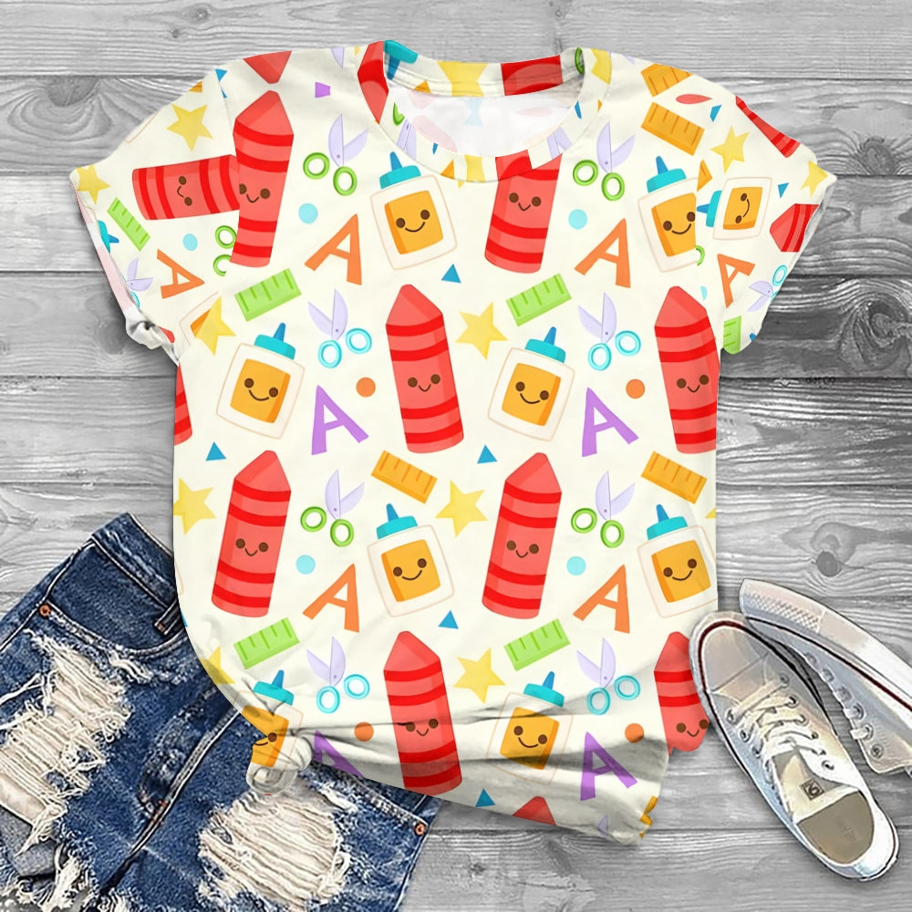 Crayons And Colorful Letters Back To School Printed T-Shirt