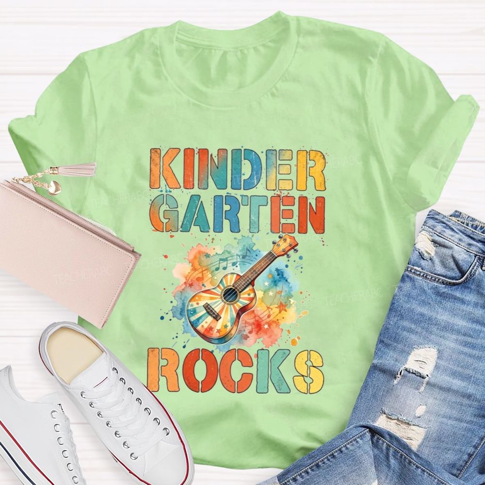 Personalized Grade Kindergarten Rocks Music Teacher T-shirt