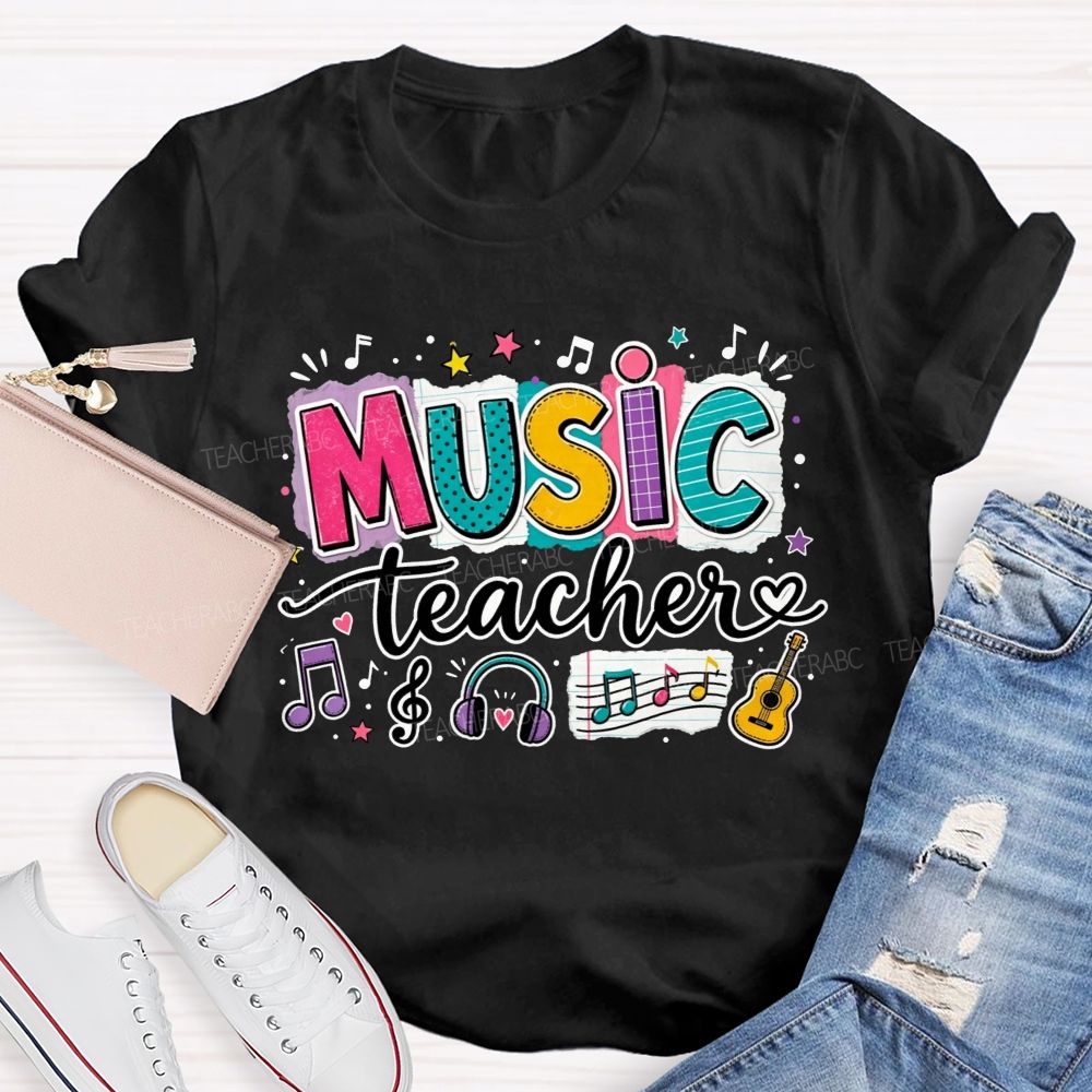 Colorful Doodle Note Headphone Guitar Music Teacher T-shirt