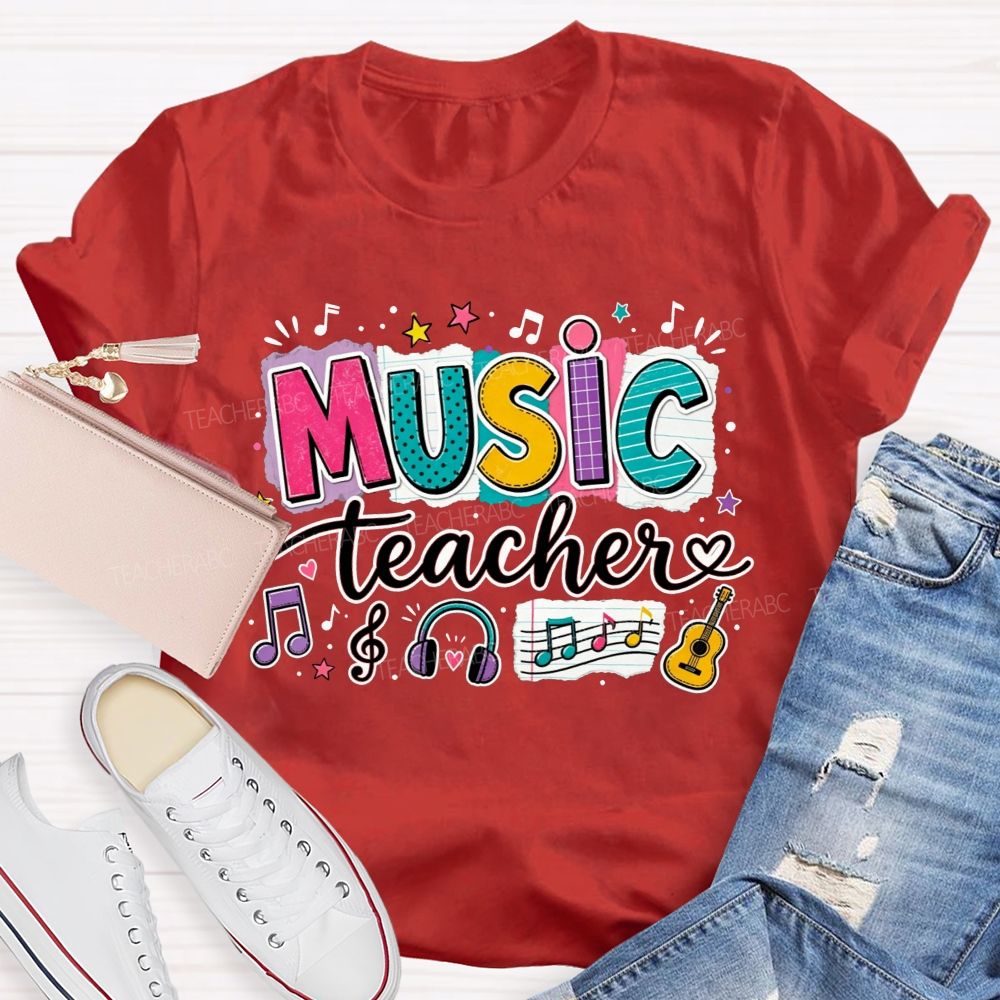 Colorful Doodle Note Headphone Guitar Music Teacher T-shirt