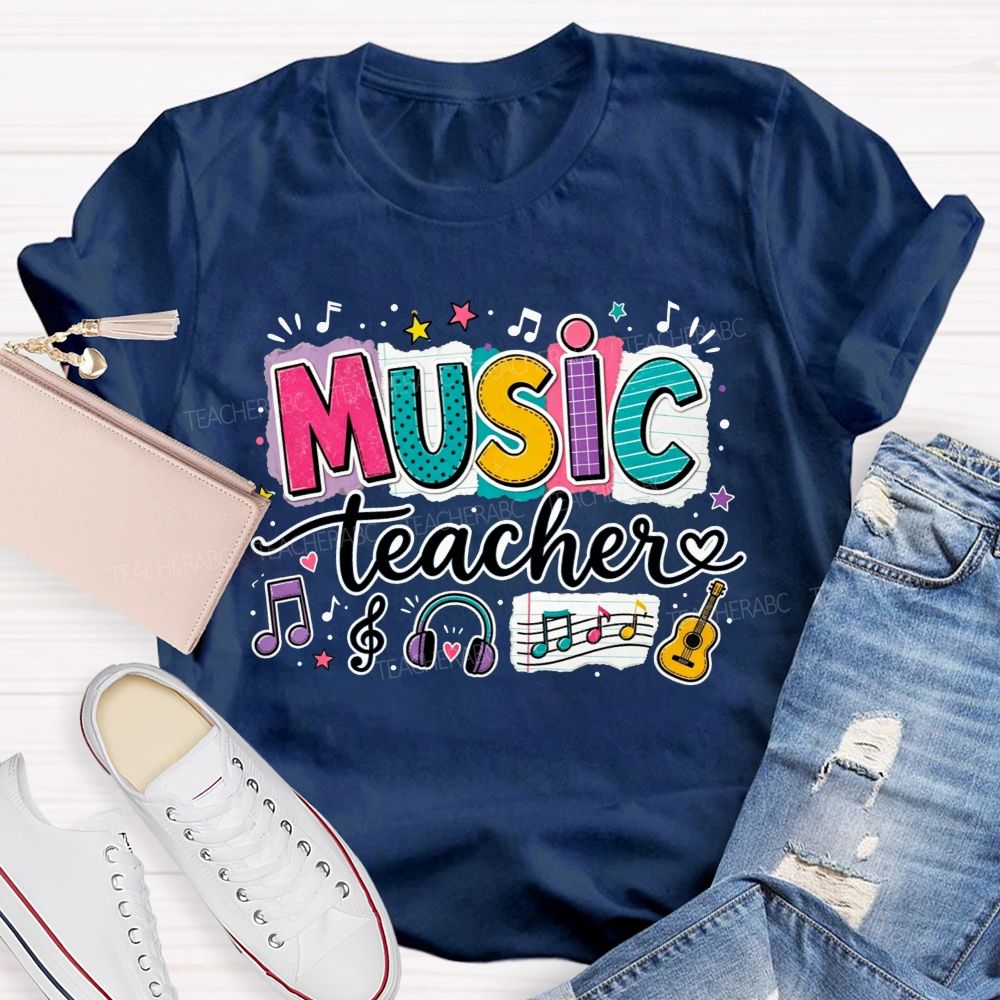 Colorful Doodle Note Headphone Guitar Music Teacher T-shirt