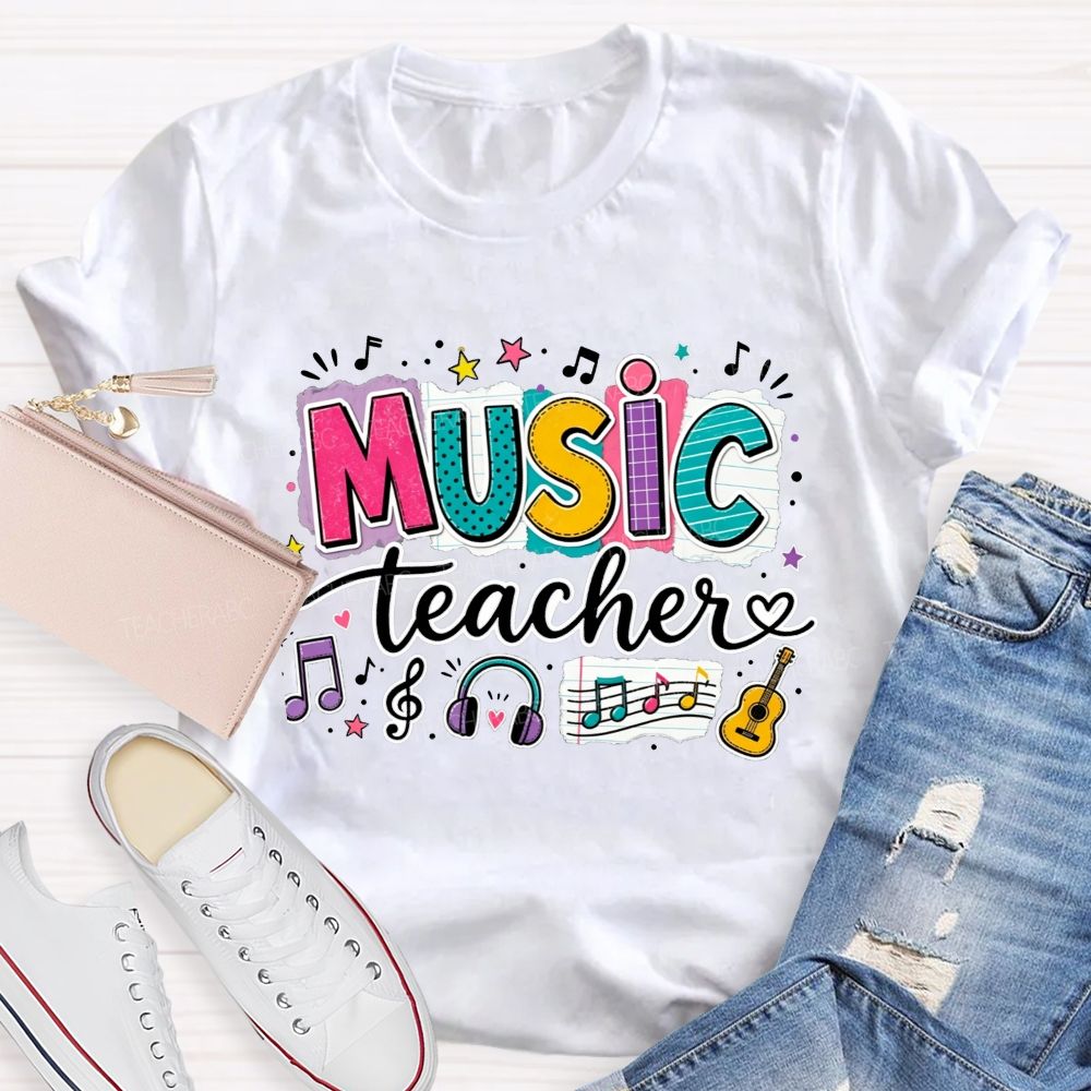 Colorful Doodle Note Headphone Guitar Music Teacher T-shirt