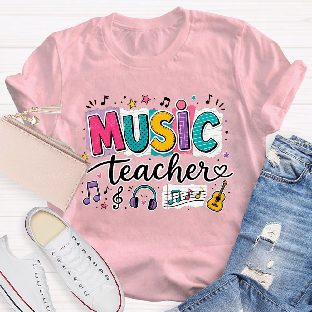 Colorful Doodle Note Headphone Guitar Music Teacher T-shirt