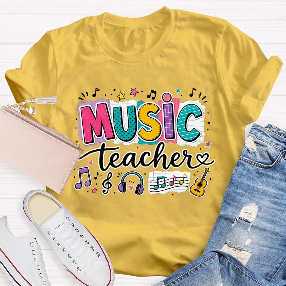 Colorful Doodle Note Headphone Guitar Music Teacher T-shirt