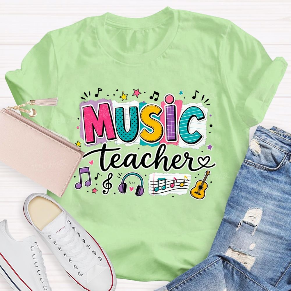 Colorful Doodle Note Headphone Guitar Music Teacher T-shirt