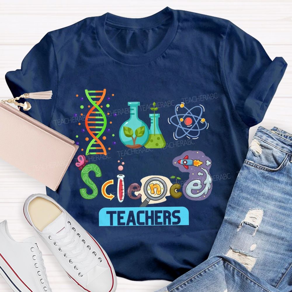 Lab Flasks Atom Rocket Themed Colorful Letter Science Teacher T-shirt