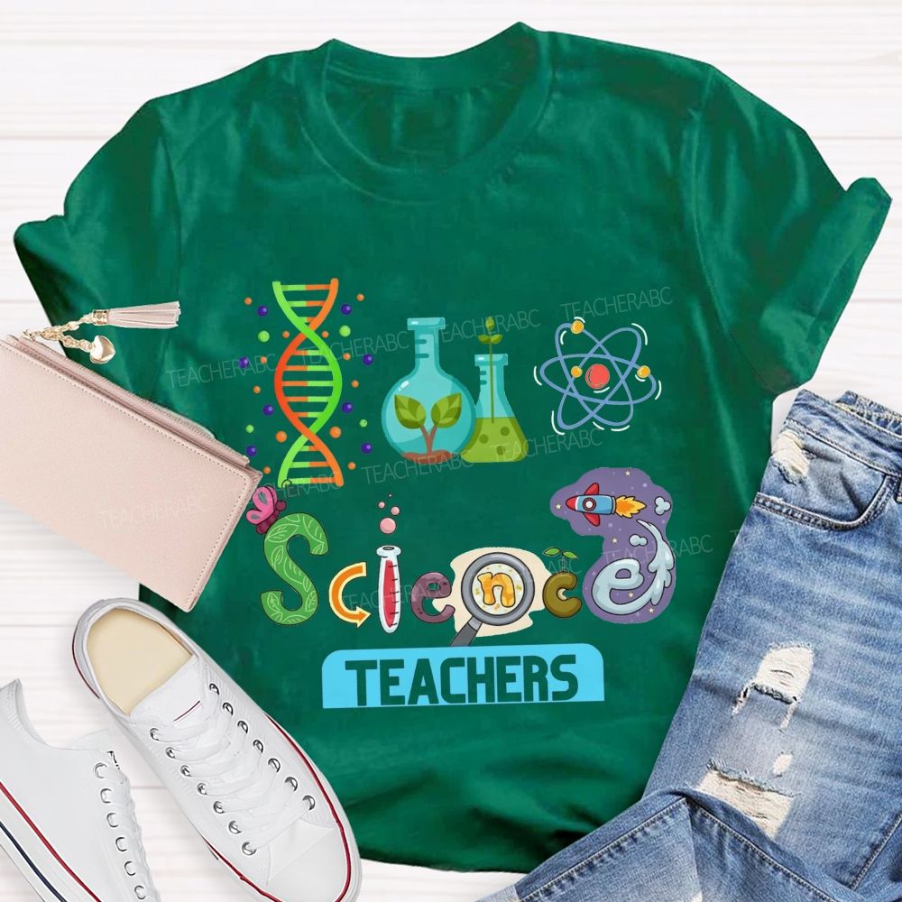 Lab Flasks Atom Rocket Themed Colorful Letter Science Teacher T-shirt