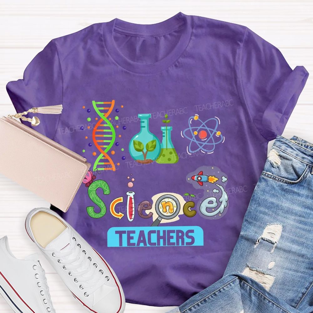Lab Flasks Atom Rocket Themed Colorful Letter Science Teacher T-shirt