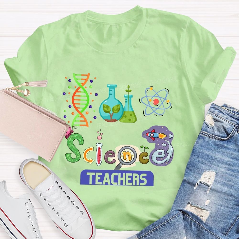 Lab Flasks Atom Rocket Themed Colorful Letter Science Teacher T-shirt