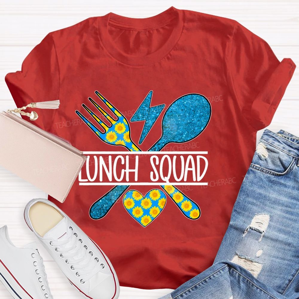 Lunch Squad Sunflower Blue Glitter Teacher T-Shirt