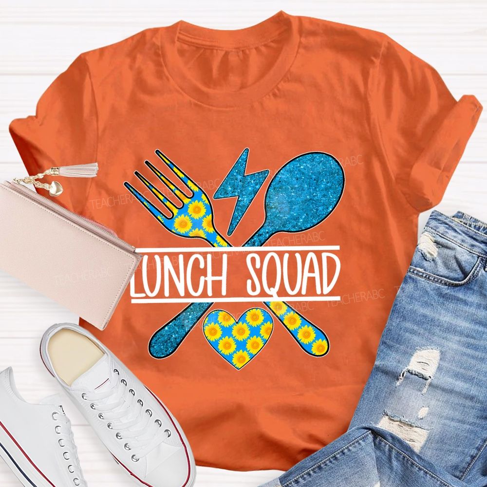 Lunch Squad Sunflower Blue Glitter Teacher T-Shirt