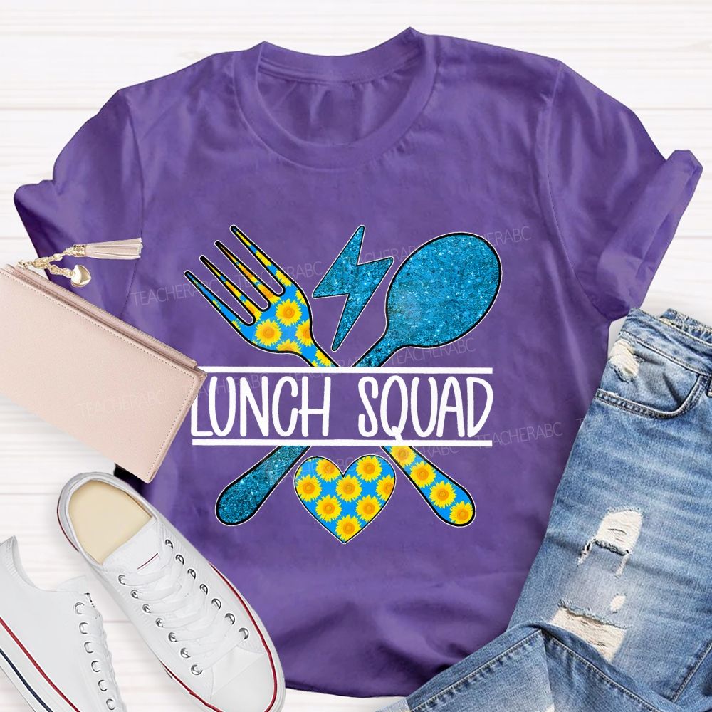 Lunch Squad Sunflower Blue Glitter Teacher T-Shirt