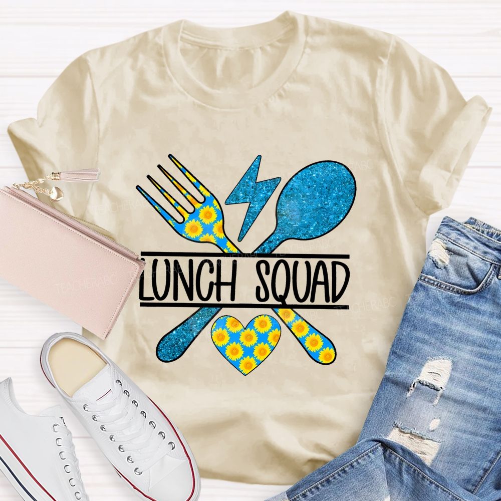 Lunch Squad Sunflower Blue Glitter Teacher T-Shirt