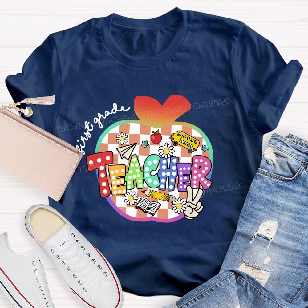 Personalized Grade Colorful Checkered Apple Teacher T-Shirt