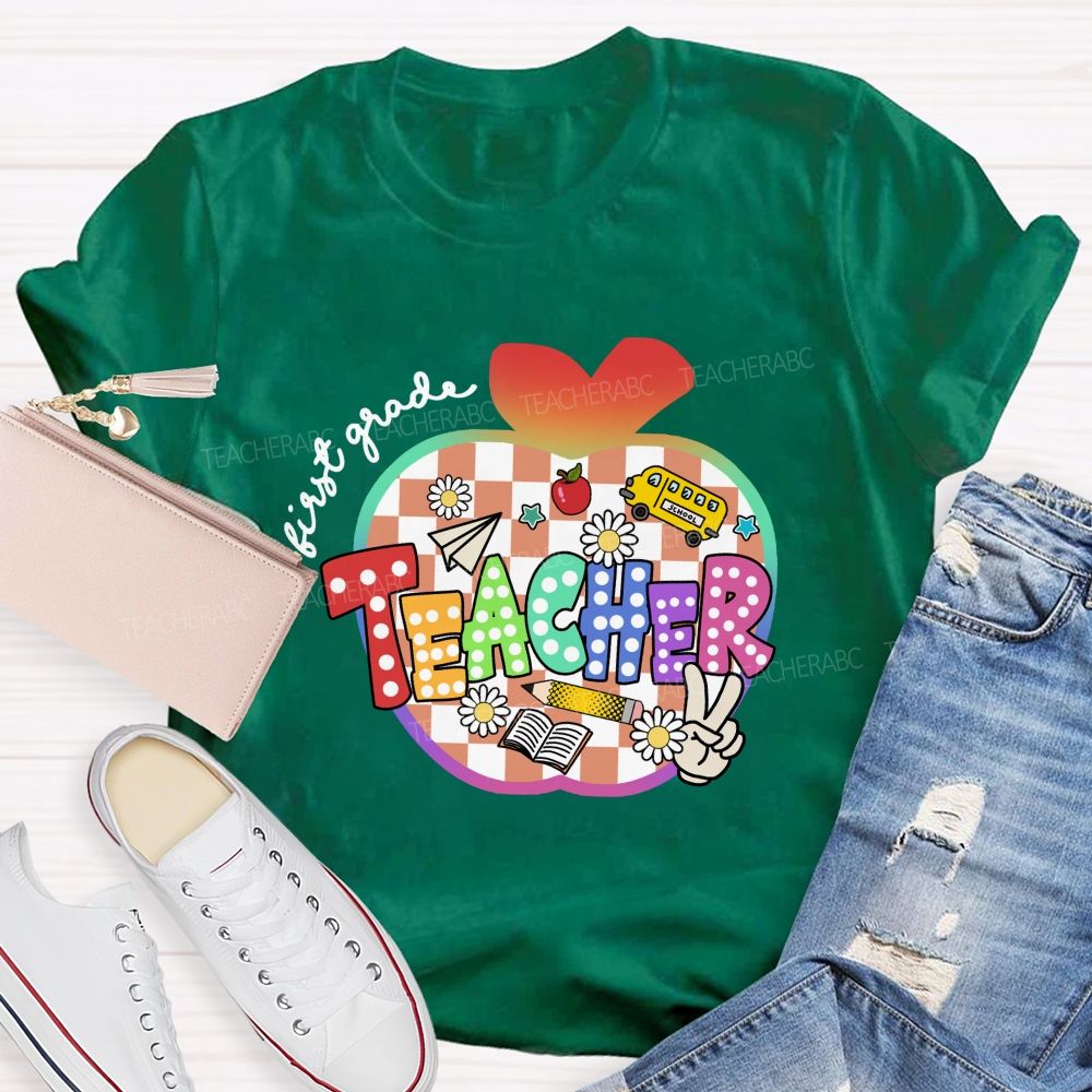 Personalized Grade Colorful Checkered Apple Teacher T-Shirt